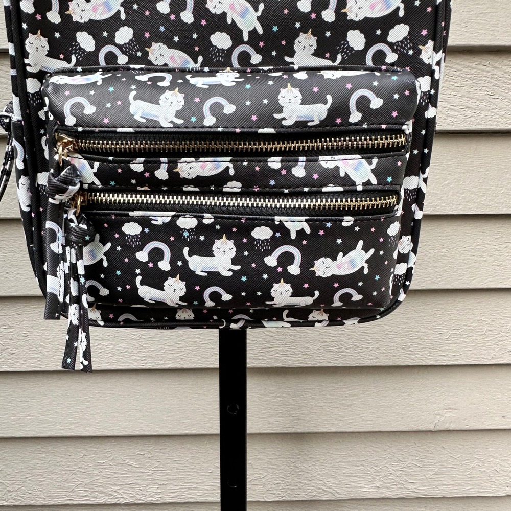 Under One Sky Caticorn Rainbow Mini Backpack Black Faux Leather Kawaii Bag - Picture 2 of 11